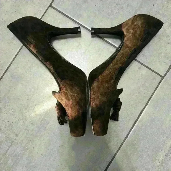 Stuart Weitzman Vintage Suede Brown Leopard Heels Size 8.5 Tassels Y2K 90s - Picture 7 of 8